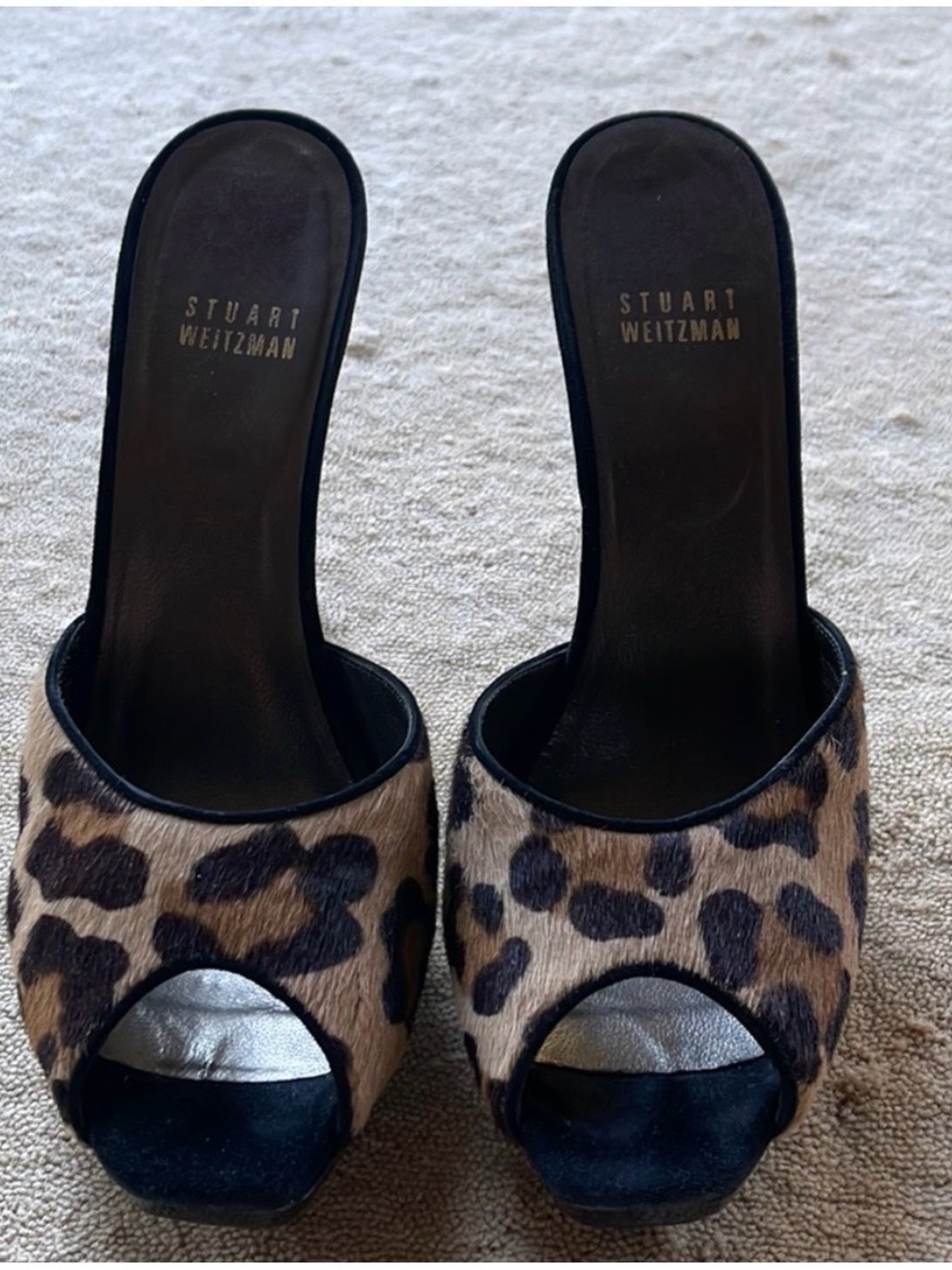 Stuart Weitzman Damsel Leopard-Print Open Toe Mules.
